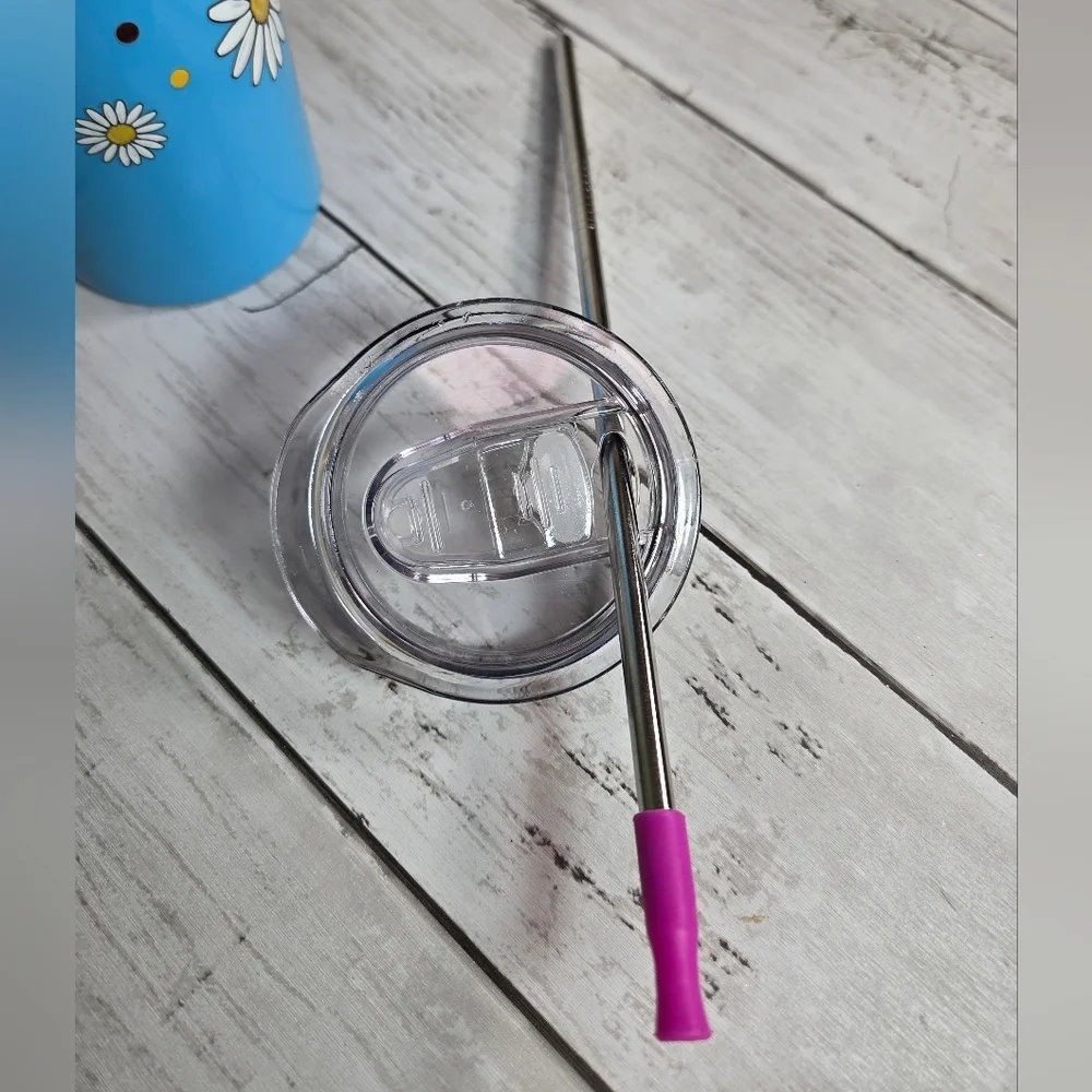 Blue Daisy Stainless Travel Tumbler with Metal Straw